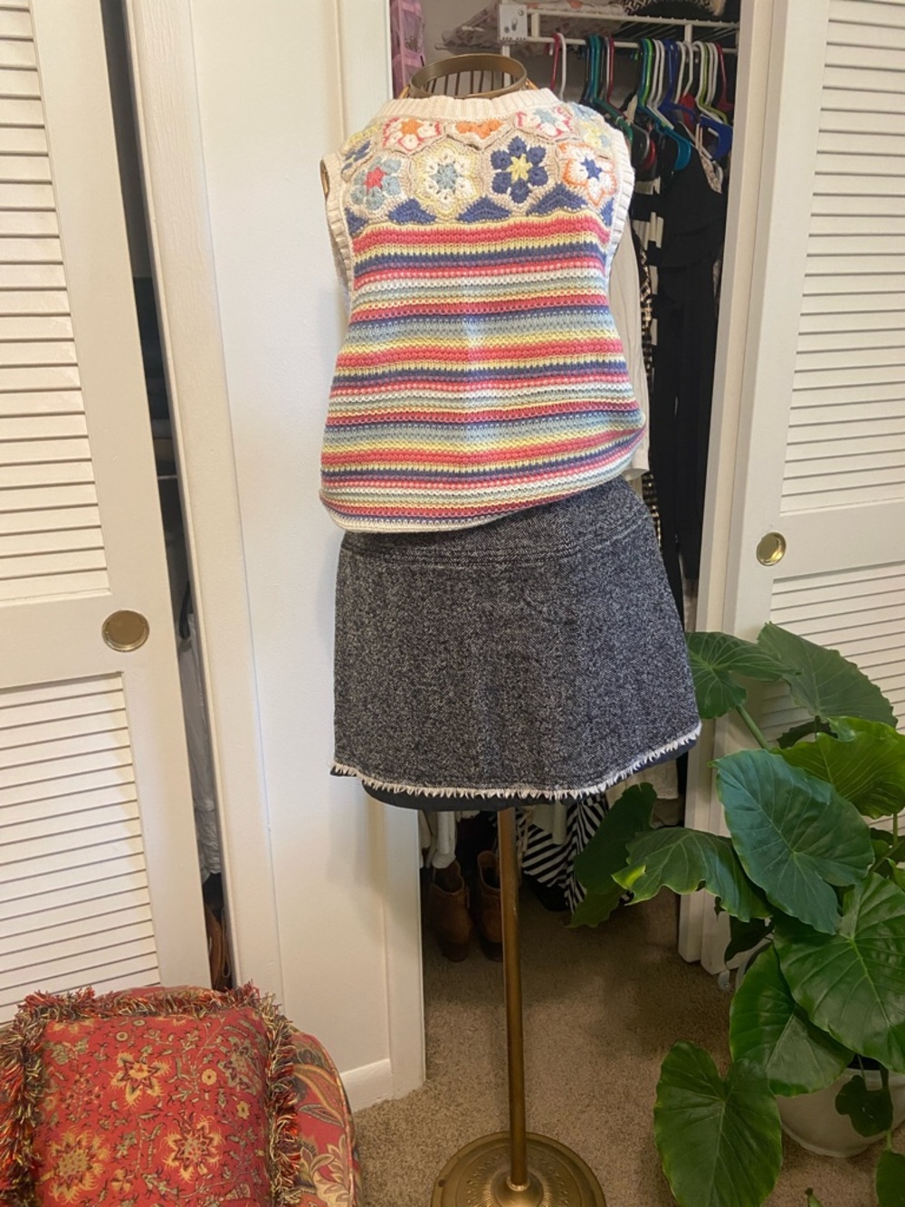 J. Crew Multicolor Crocheted Top & Gray Tweed Mini Skirt Set